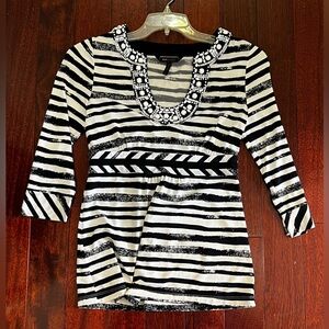 BCBGMaxAzria Black and White Striped Blouse with Beaded Neckline